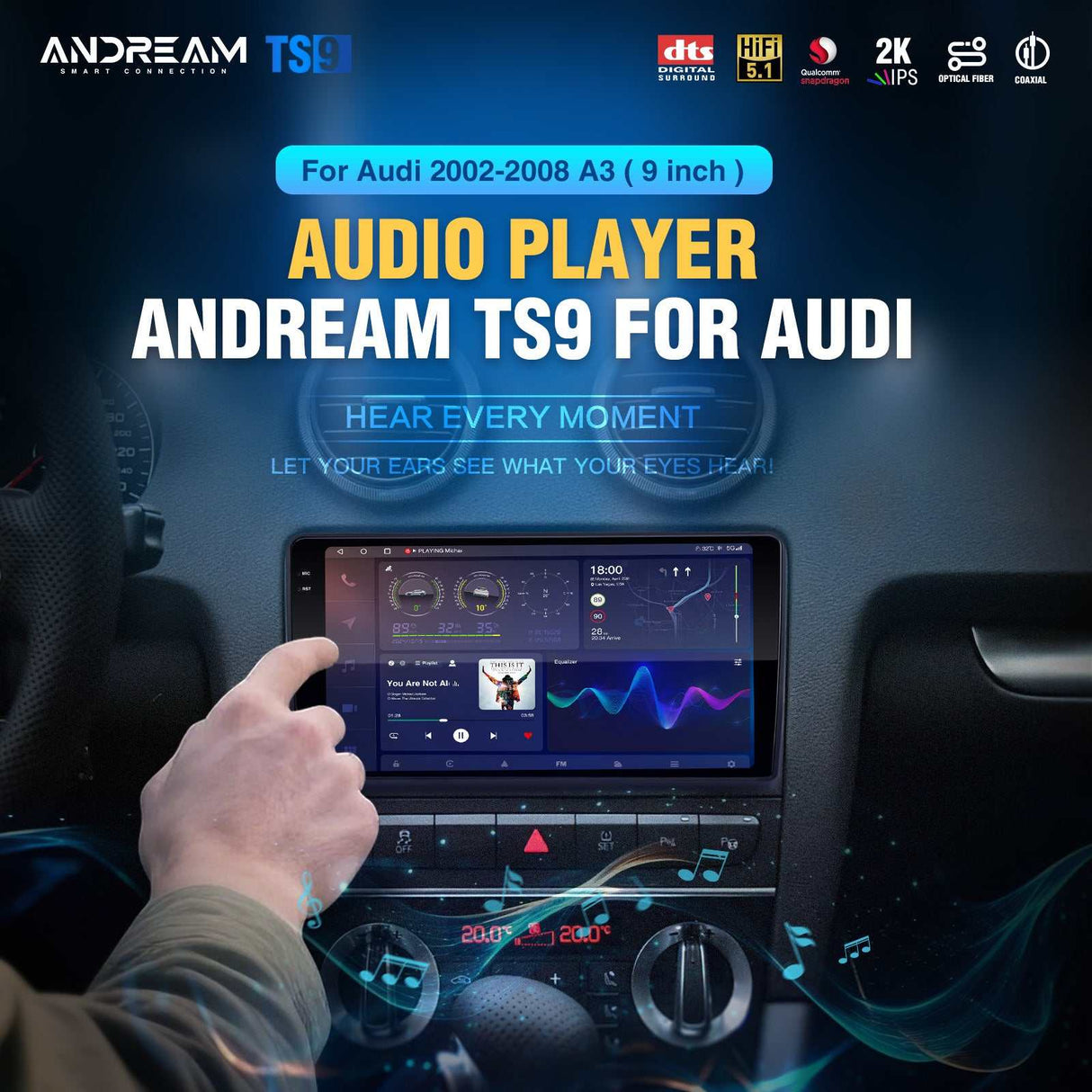 Andream For Audi A3 S3 RS3 2002-2009 Car Radio Apple Carplay Android Auto 2K Screen GPS Bluetooth Head Unit Stereo Audio Player Rever camera Device
