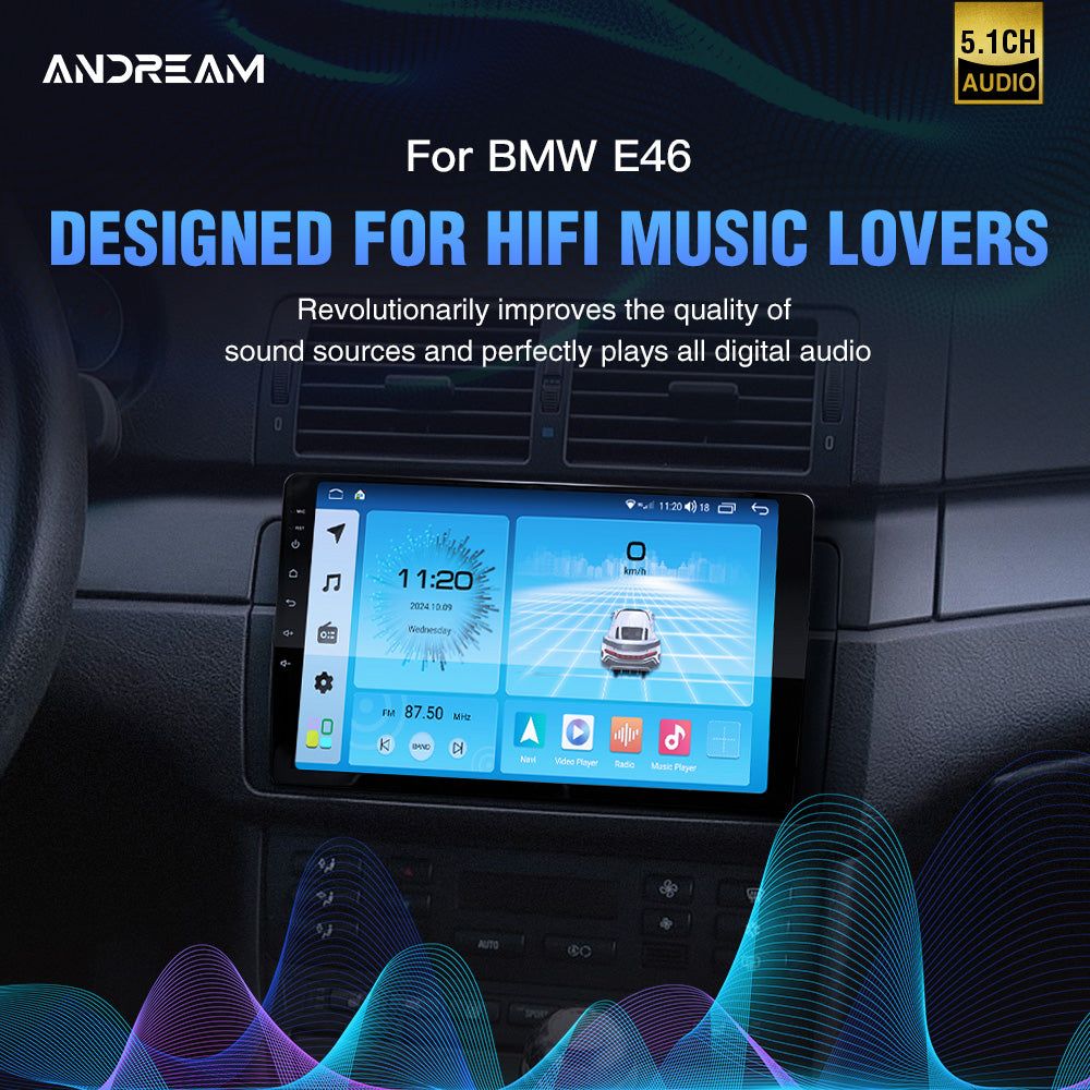Andream Android 14 Wireless CarPlay Android Auto for BMW E46 325i M3 Sedan Car Stereo Audio Tuning Player