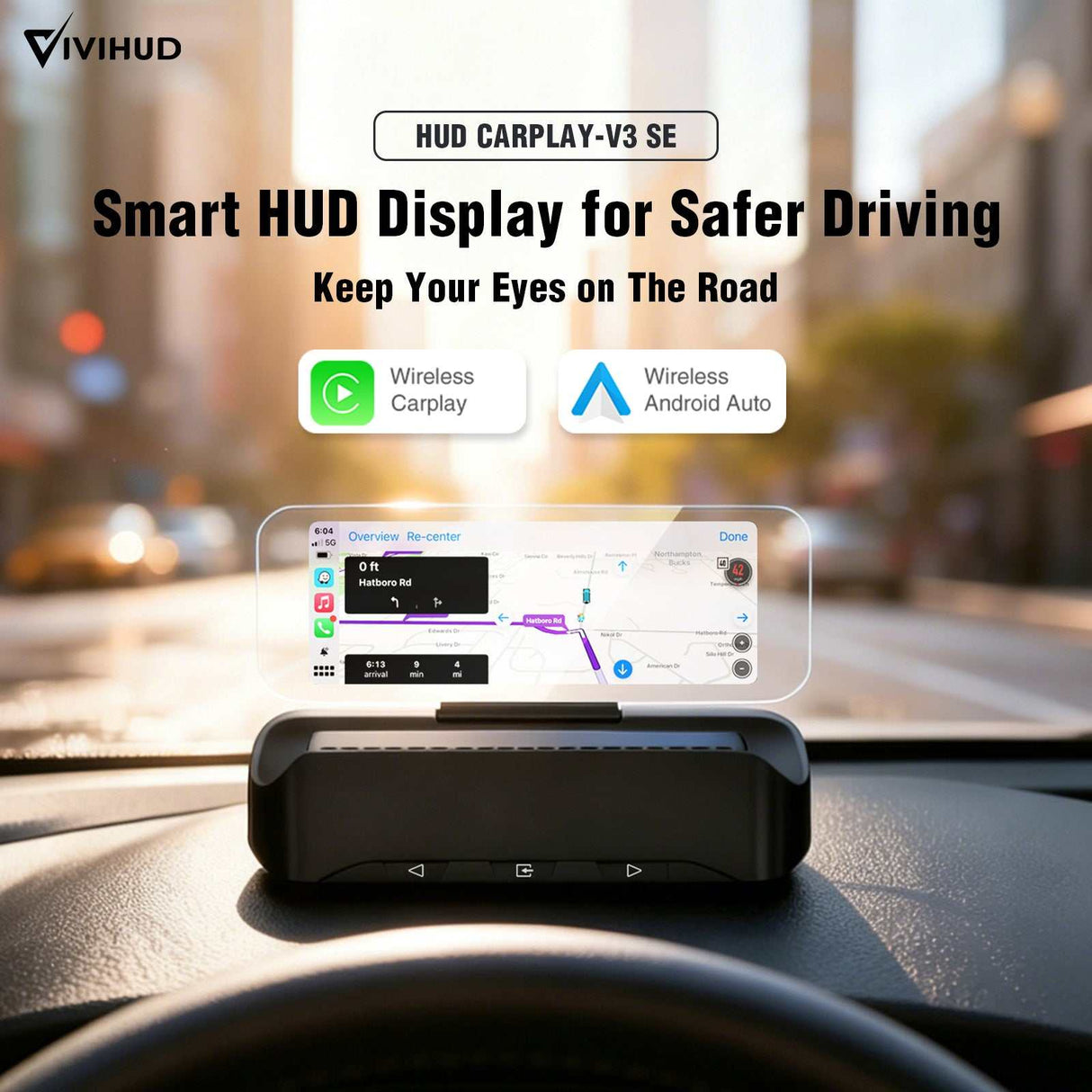 Andream VIVIHUD V3-SE Car Automotive Universal HUD Head Up Display System Supports Apple CarPlay And Android Auto Real Time Navigation Call Music