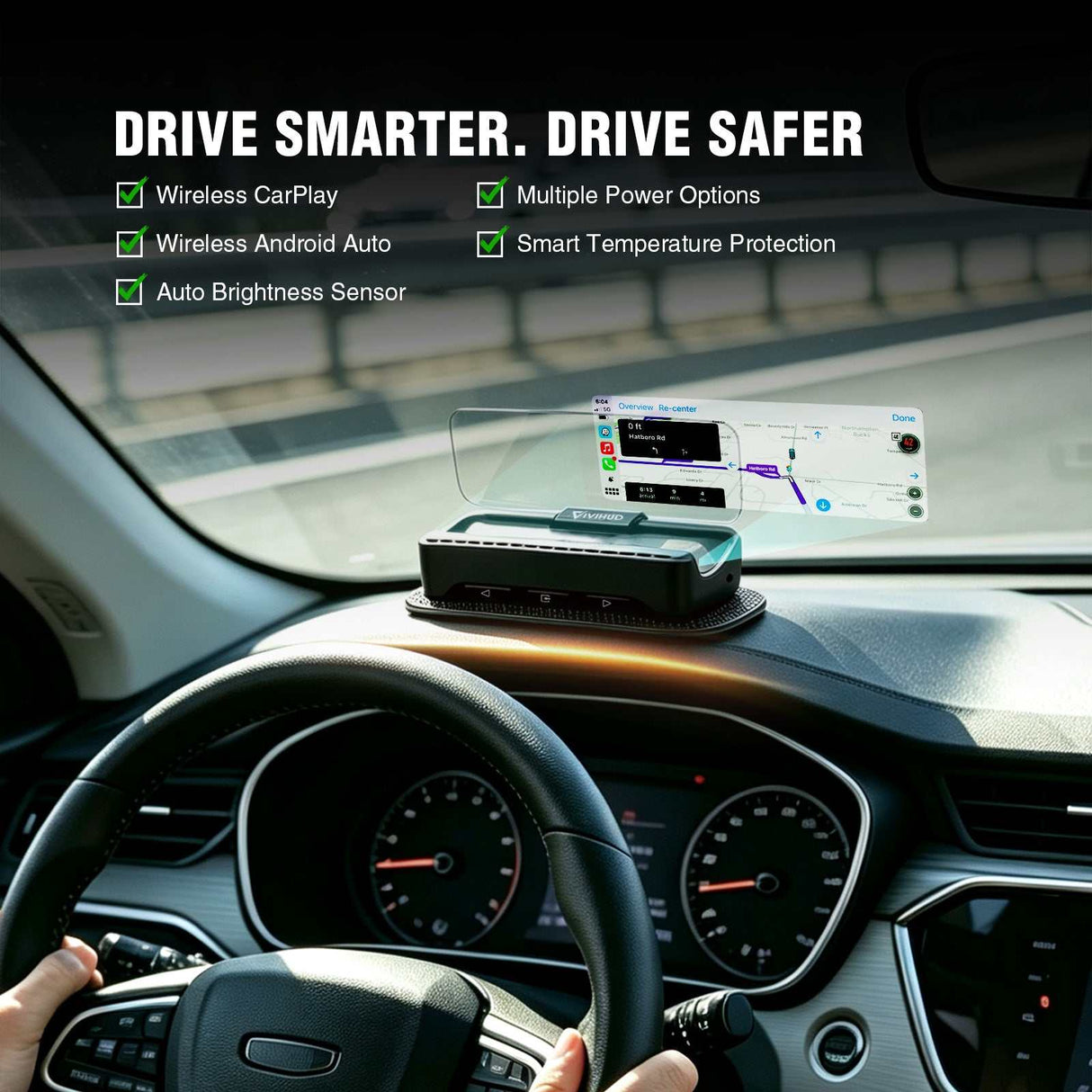 Andream VIVIHUD V3-SE Car Automotive Universal HUD Head Up Display System Supports Apple CarPlay And Android Auto Real Time Navigation Call Music