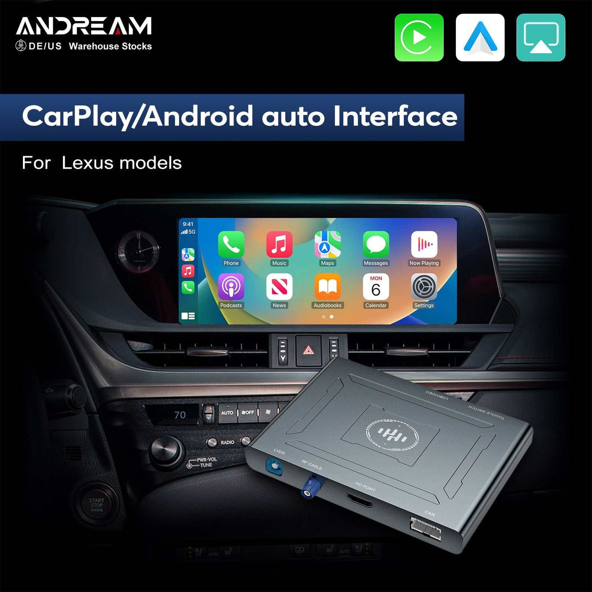 Andream Wireless Carplay For Lexus GS/LS/ES/IS/UX/LX/RC/NX/RX Android Auto Automatic Interface Box Mirror Multimedia AirPlay Interface Box