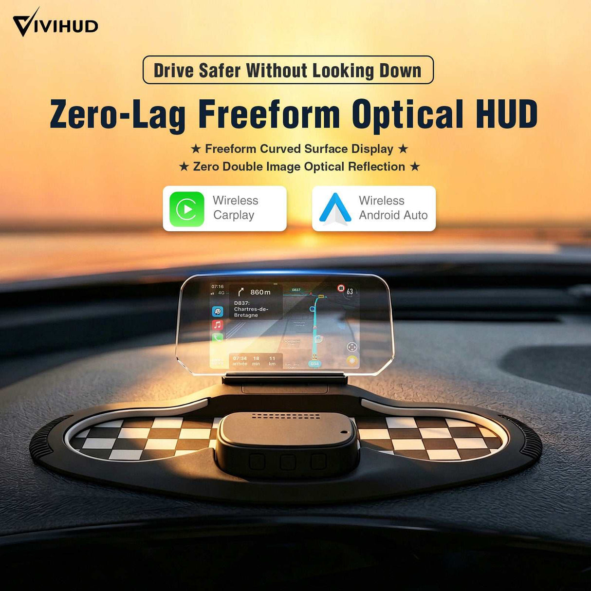 Andream ViViHUD V5 Ultra Car GPS Head Up Display Windshield Projector Speedometer Wireless CarPlay Android Auto Diagnostics Speedometer Navigation