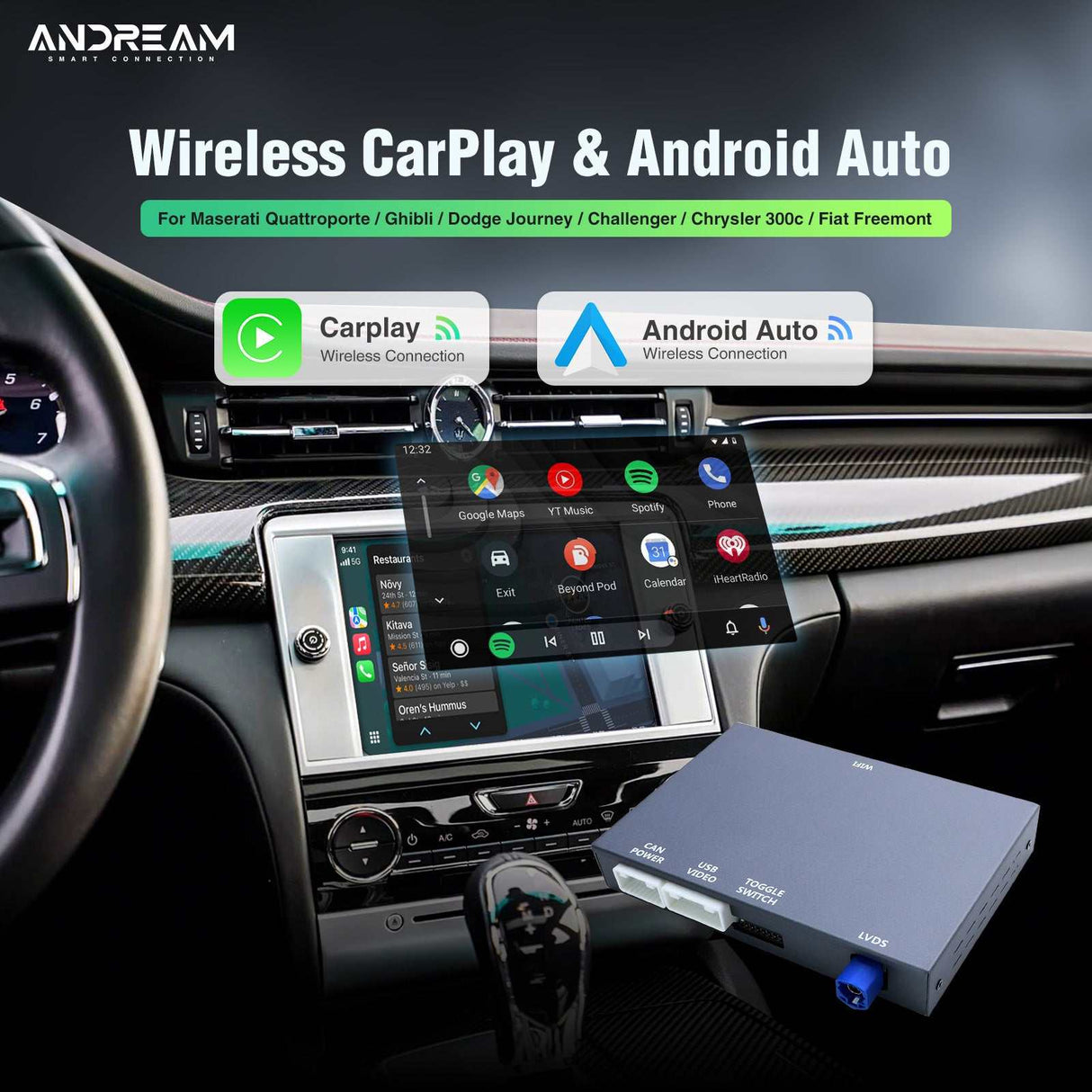 Andream Wireless CarPlay Android Auto Integration Adapter For Dodge Maserati Chrysler Fiat MMI Retrofit Kit Interface Upgrade MirrorLink Installation