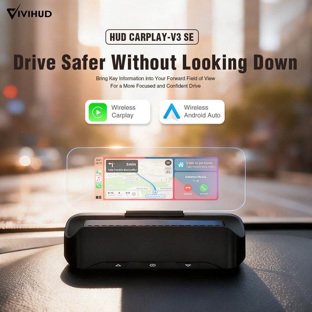 Andream VIVIHUD V3-SE Car Automotive Universal HUD Head Up Display System Supports Apple CarPlay And Android Auto Real Time Navigation Call Music