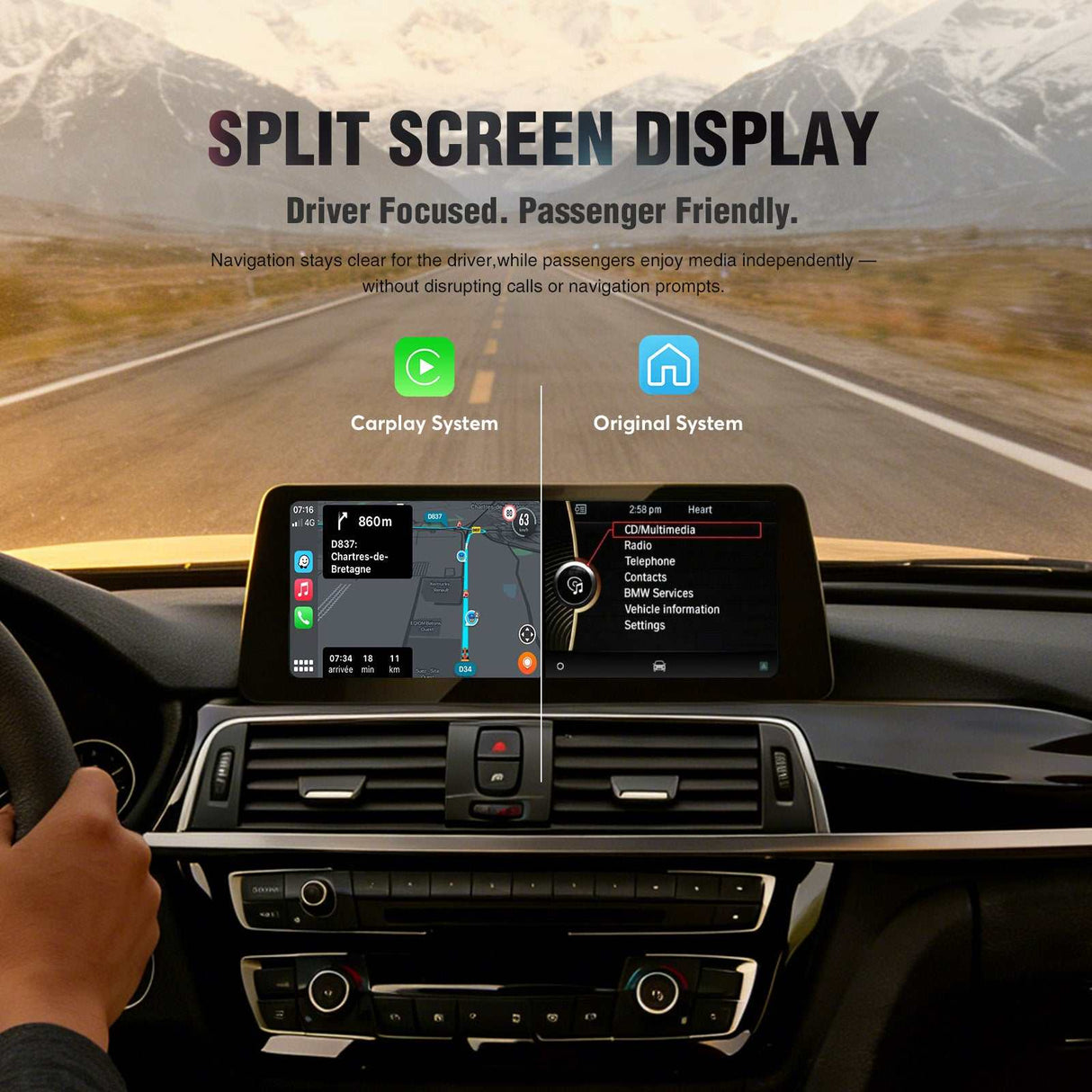 Wireless CarPlay/Android Auto HD Display  For BMW M3 M4 3 4 Series F30 F31 F34 F32 CIC NBT EVO System Touchscreen With Original System Split-Screen & Bluetooth Integration