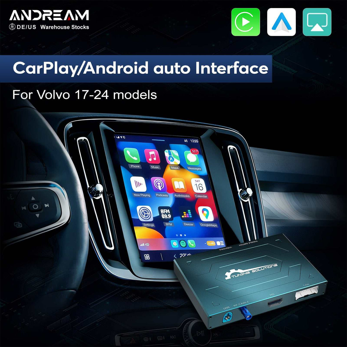 Andream Wireless Full Screen CarPlay Android Auto Retrofit Kit Smart Upgrade Module Box For Volvo XC90 XC60 XC40 S60 S90 V60 2017-2020 Multimedia